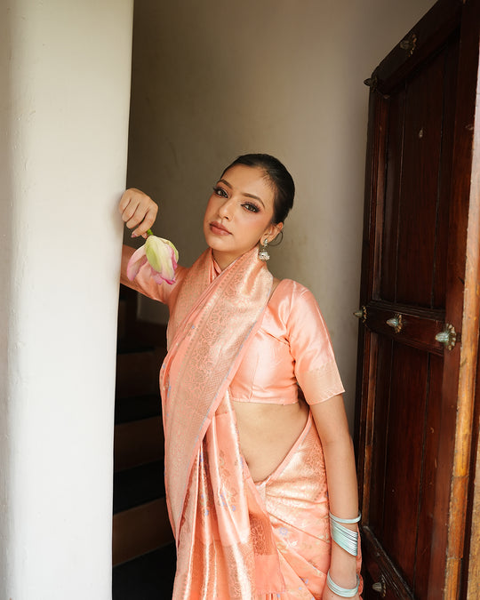 Peach Pure Katan Saree with Handwoven Meenakari Detail