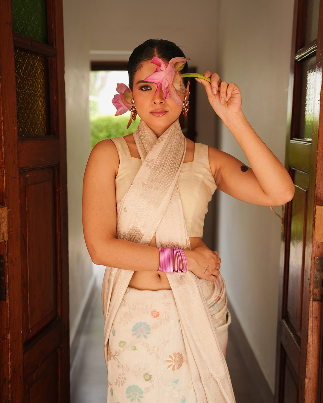 Ivory Meenakari Pure Banarasi Saree with Blooming Pastel Florals