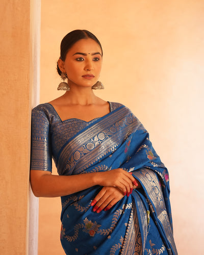 Royal Azure Blue Floral Jaal Pure Banarasi Silk Saree with Meenakari Weave