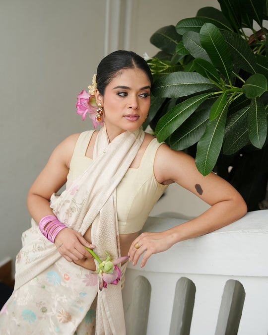 Ivory Meenakari Pure Banarasi Saree with Blooming Pastel Florals