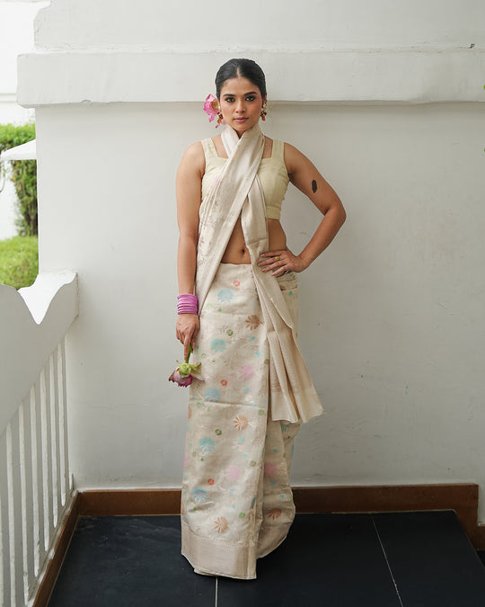 Ivory Meenakari Pure Banarasi Saree with Blooming Pastel Florals