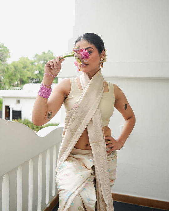 Ivory Meenakari Pure Banarasi Saree with Blooming Pastel Florals