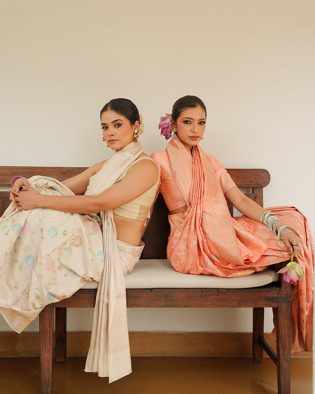 Ivory Meenakari Pure Banarasi Saree with Blooming Pastel Florals