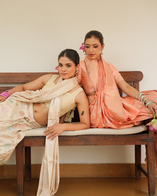 Ivory Meenakari Pure Banarasi Saree with Blooming Pastel Florals