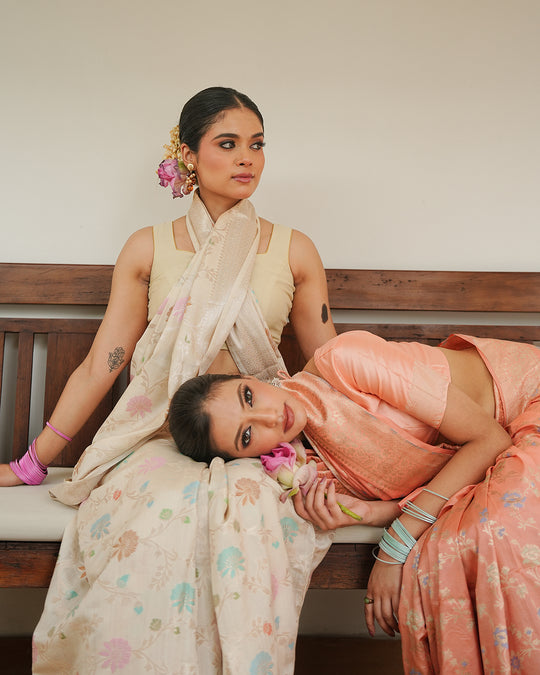 Ivory Meenakari Pure Banarasi Saree with Blooming Pastel Florals