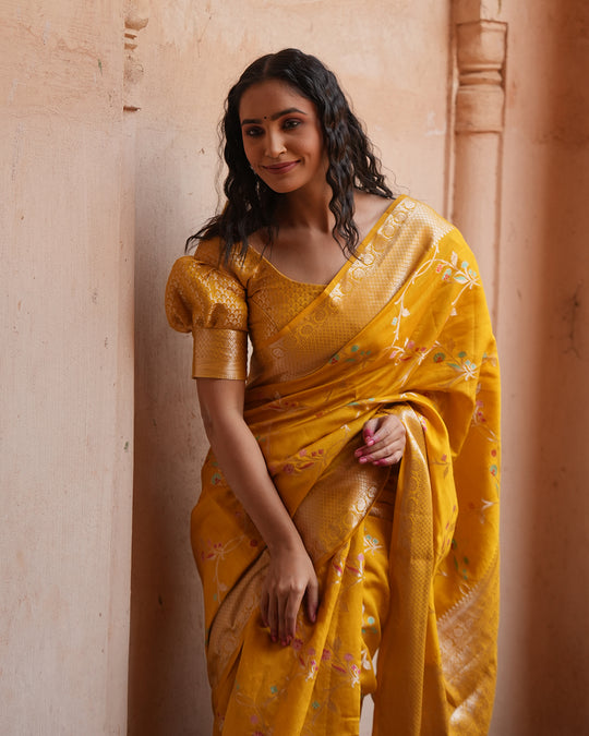 Marigold Blossom Pure Banarasi Silk Saree with Zari Border & Intricate Floral Design