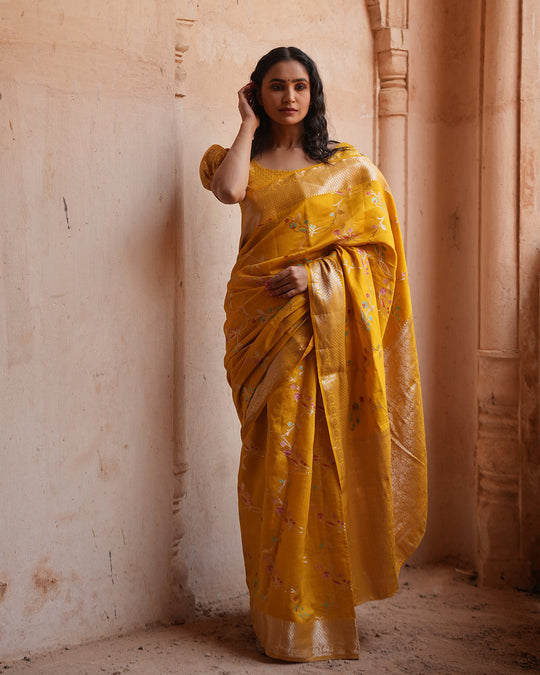 Marigold Blossom Pure Banarasi Silk Saree with Zari Border & Intricate Floral Design