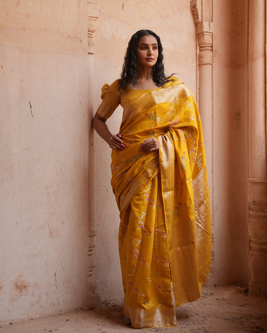 Marigold Blossom Pure Banarasi Silk Saree with Zari Border & Intricate Floral Design