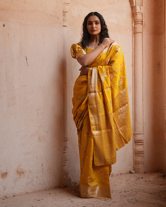 Marigold Blossom Pure Banarasi Silk Saree with Zari Border & Intricate Floral Design