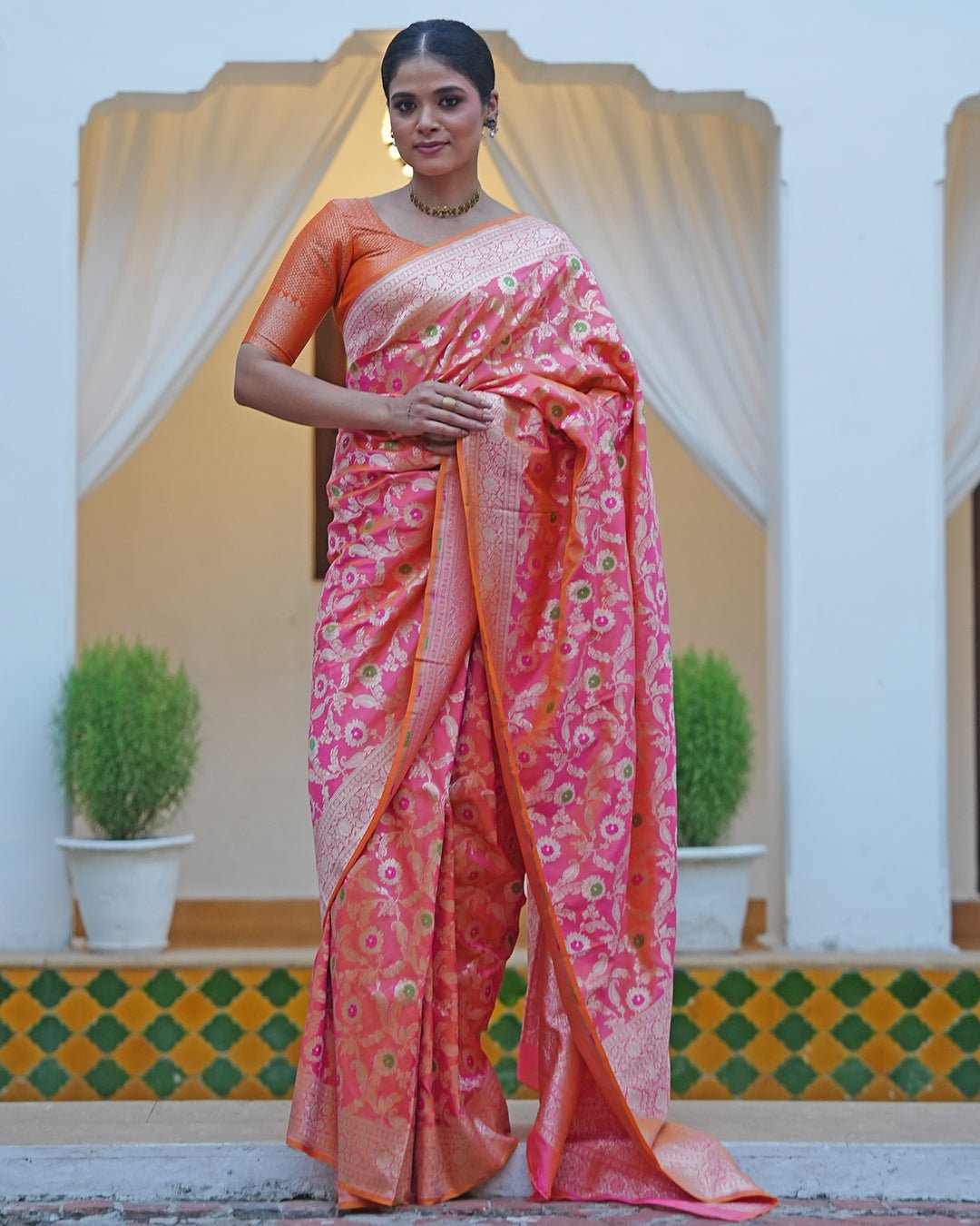 Pink - Orange Double Shaded Pure Katan Saree with Floral Meenakari Jaal Work - katansi