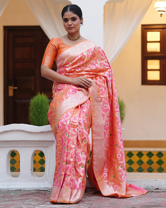 Pink - Orange Double Shaded Pure Katan Saree with Floral Meenakari Jaal Work - katansi
