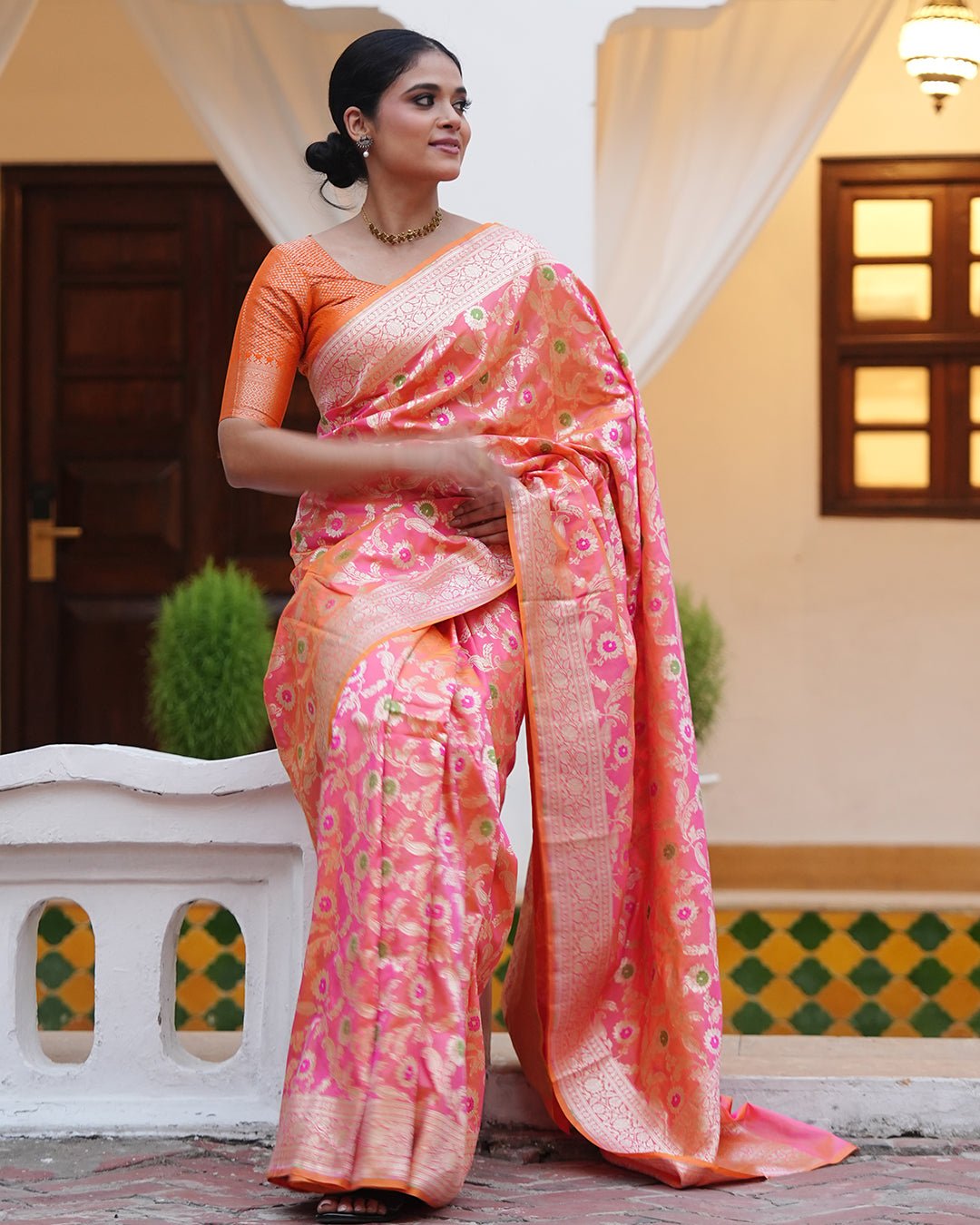 Pink - Orange Double Shaded Pure Katan Saree with Floral Meenakari Jaal Work - katansi