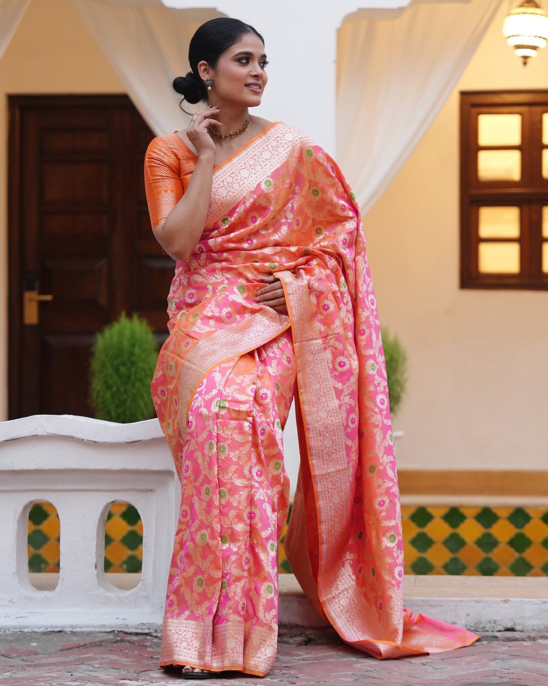 Pink - Orange Double Shaded Pure Katan Saree with Floral Meenakari Jaal Work - katansi