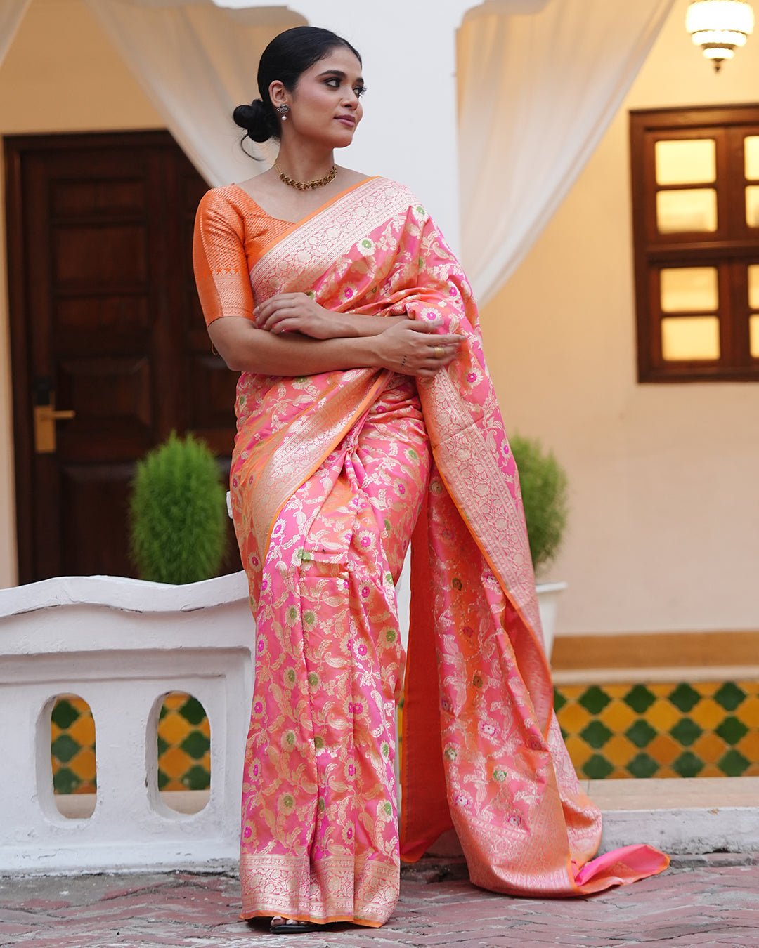 Pink - Orange Double Shaded Pure Katan Saree with Floral Meenakari Jaal Work - katansi