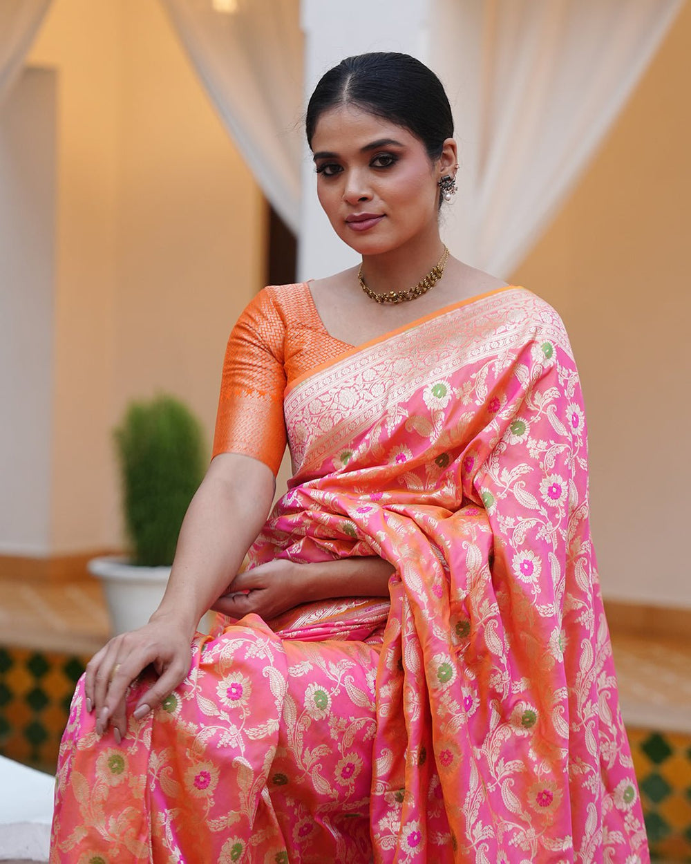 Pink - Orange Double Shaded Pure Katan Saree with Floral Meenakari Jaal Work - katansi