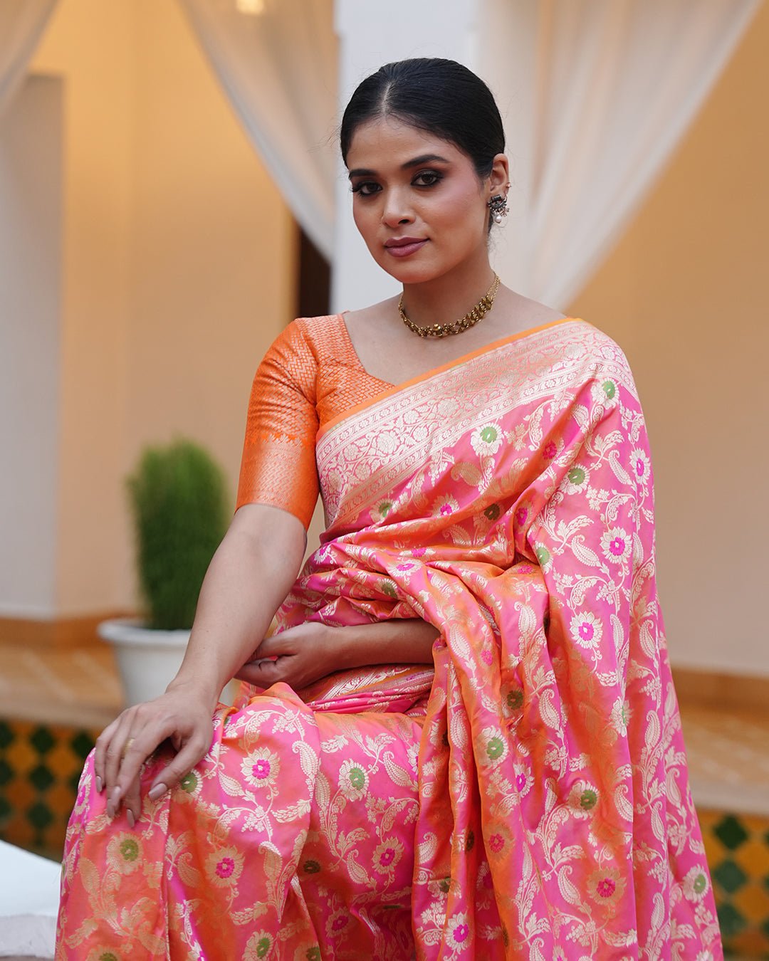 Pink - Orange Double Shaded Pure Katan Saree with Floral Meenakari Jaal Work - katansi