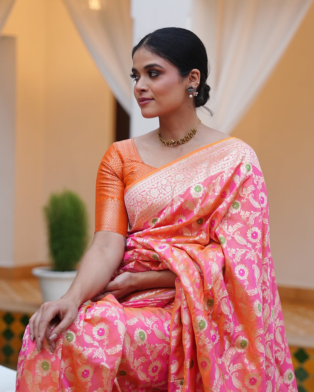 Pink - Orange Double Shaded Pure Katan Saree with Floral Meenakari Jaal Work - katansi