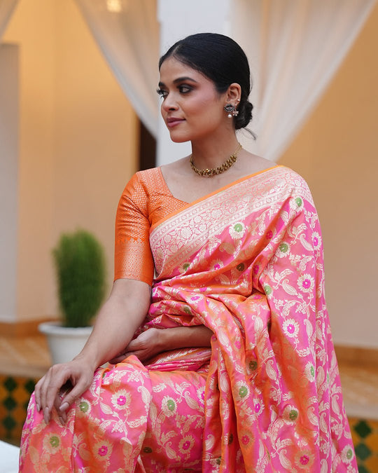 Pink - Orange Double Shaded Pure Katan Saree with Floral Meenakari Jaal Work - katansi