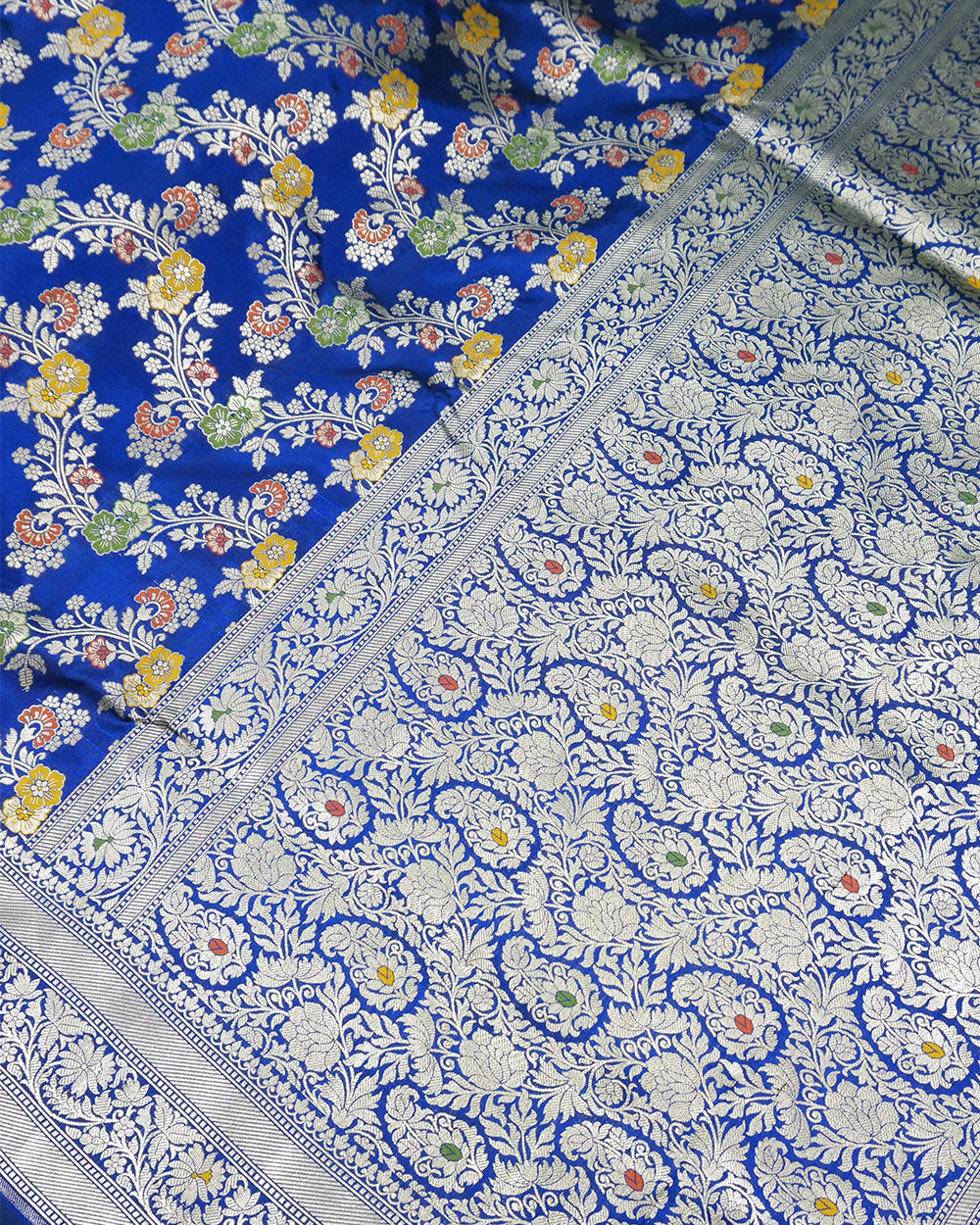 Blue Pure Katan Saree with Intricate Multitone Floral Weaves Detailing