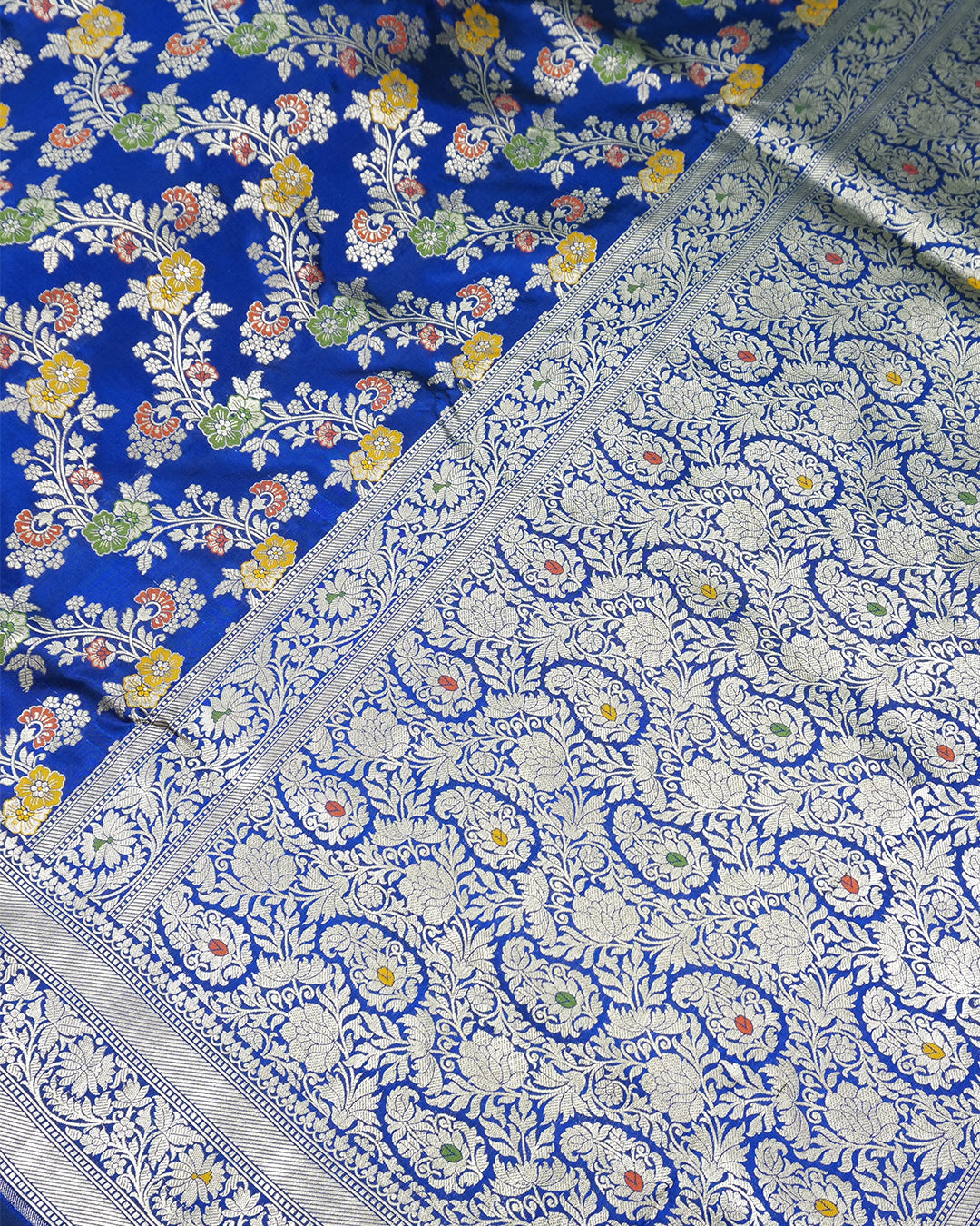 Blue Pure Katan Saree with Intricate Multitone Floral Weaves Detailing