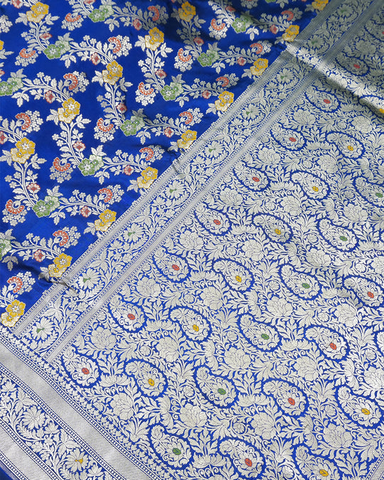 Blue Pure Katan Saree with Intricate Multitone Floral Weaves Detailing