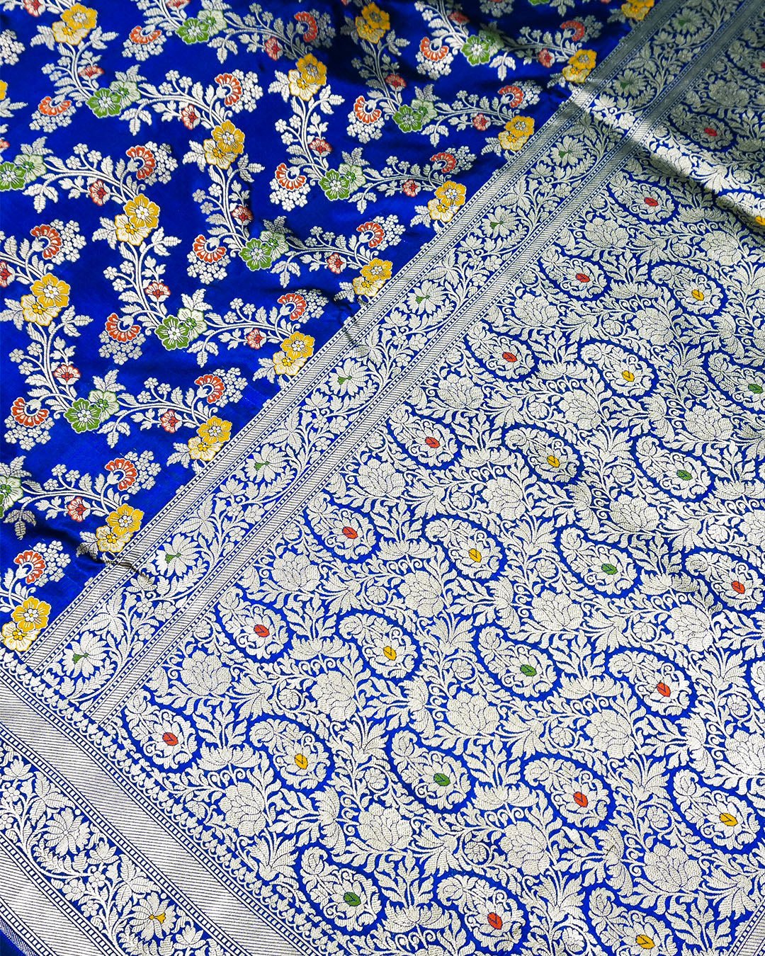 Blue Pure Katan Saree with Zardozi Hand - Embroidered Blouse - katansi