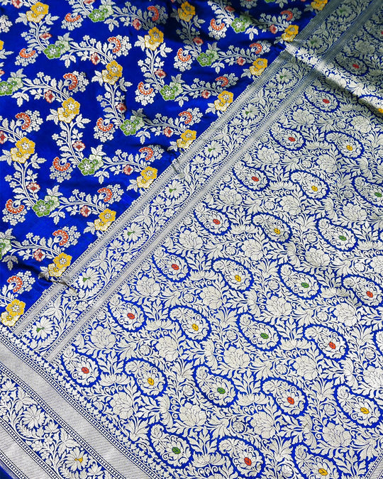 Blue Pure Katan Saree with Zardozi Hand - Embroidered Blouse - katansi