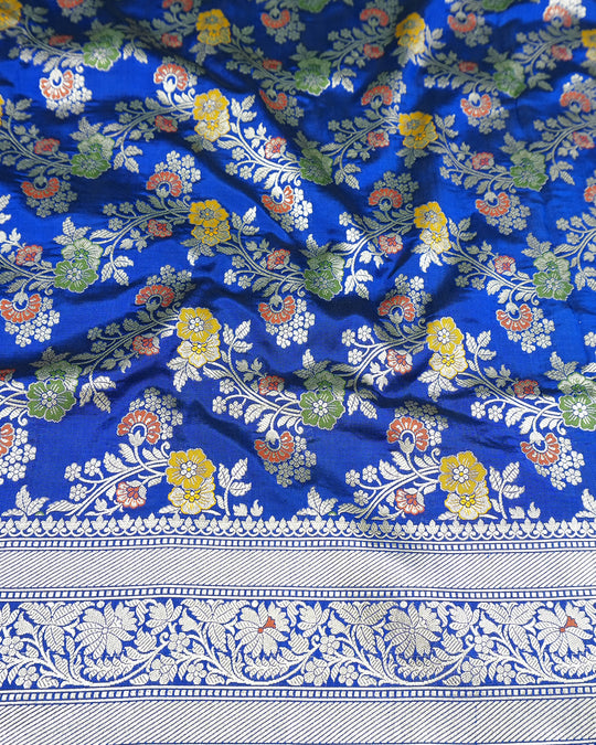 Blue Pure Katan Saree with Intricate Multitone Floral Weaves Detailing
