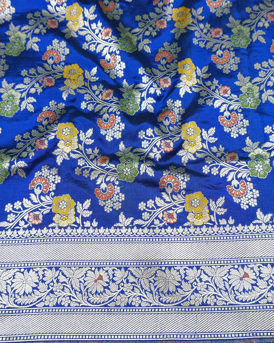 Blue Pure Katan Saree with Intricate Multitone Floral Weaves Detailing