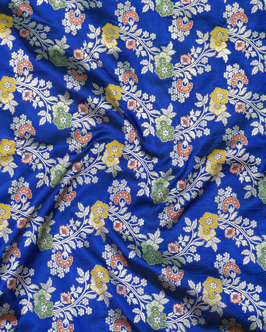 Blue Pure Katan Saree with Intricate Multitone Floral Weaves Detailing