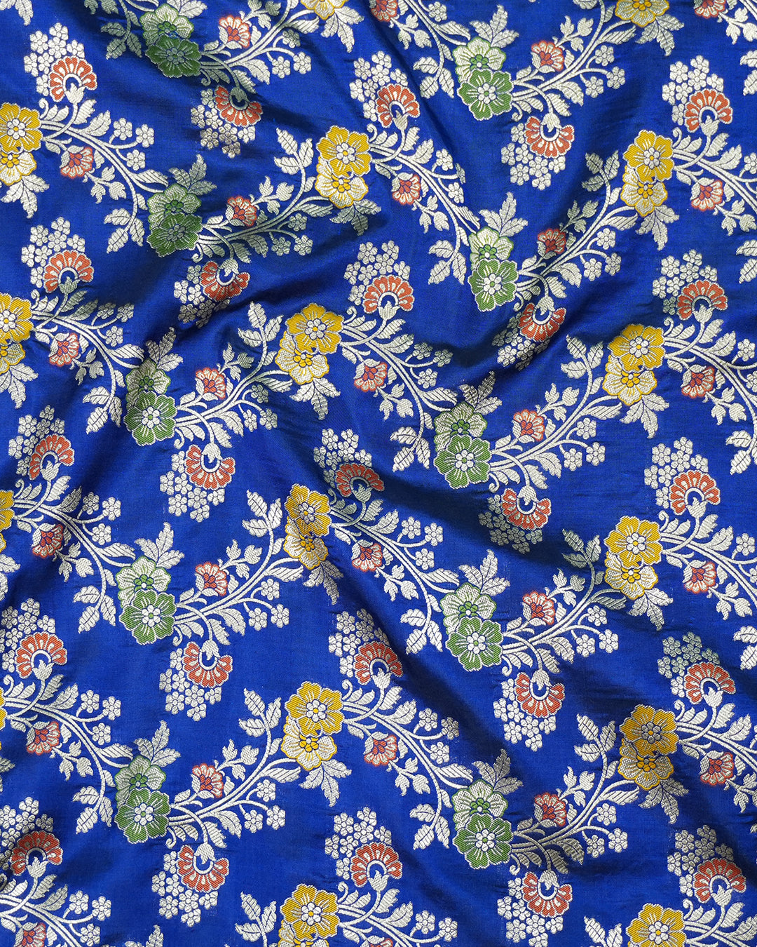 Blue Pure Katan Saree with Intricate Multitone Floral Weaves Detailing