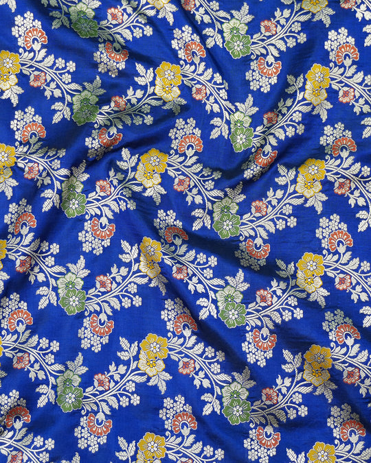 Blue Pure Katan Saree with Intricate Multitone Floral Weaves Detailing