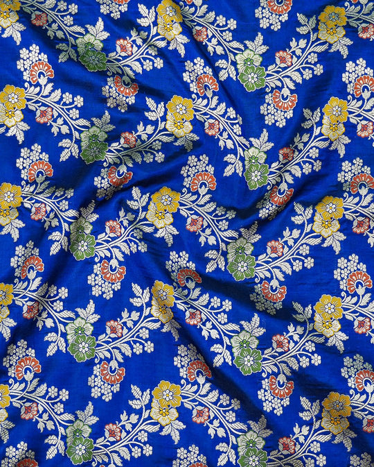 Blue Pure Katan Saree with Zardozi Hand - Embroidered Blouse - katansi