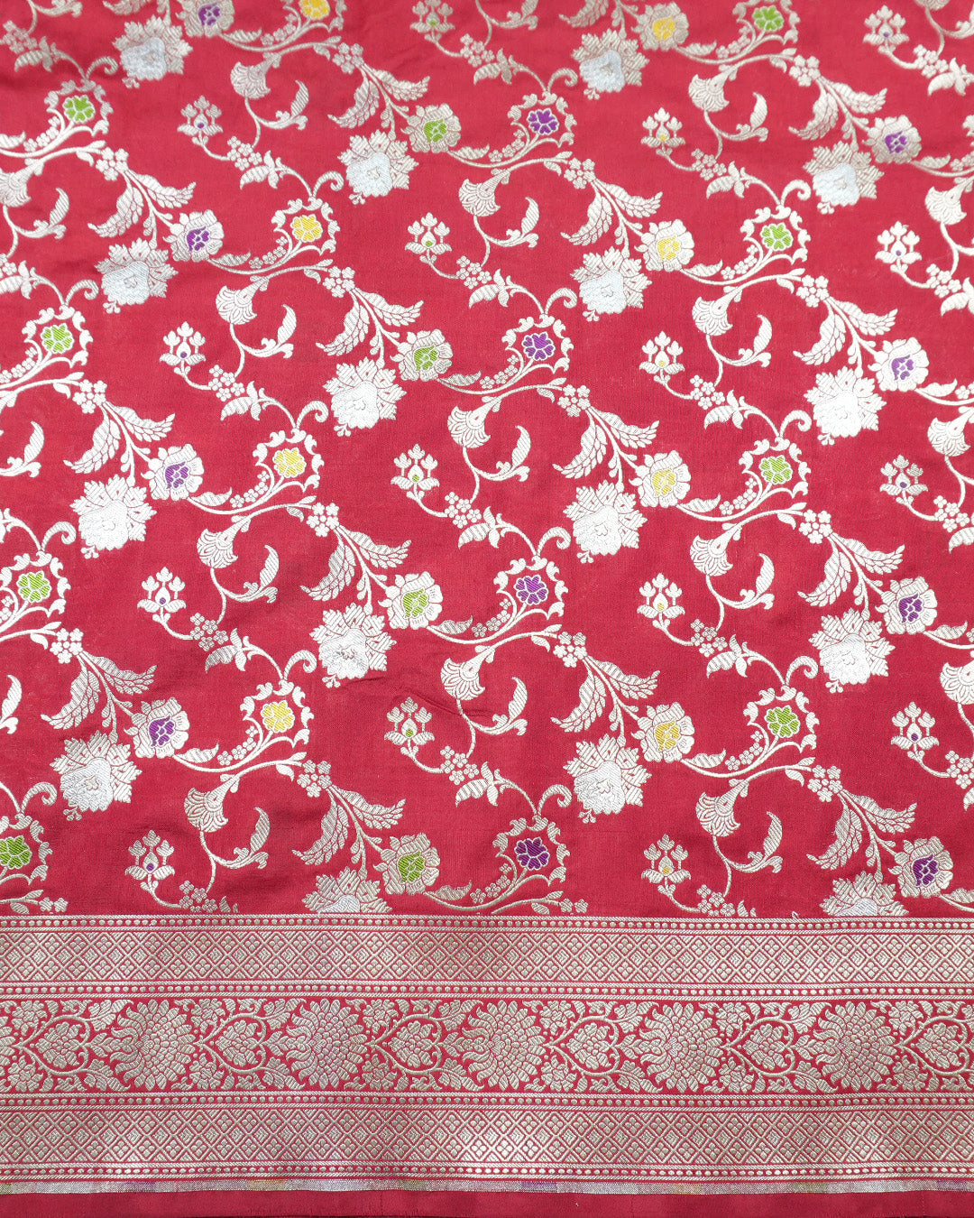 Red Pure Katan Saree with Heritage Gold Floral Motif Weaving