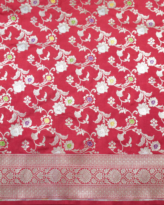 Red Pure Katan Saree with Heritage Gold Floral Motif Weaving