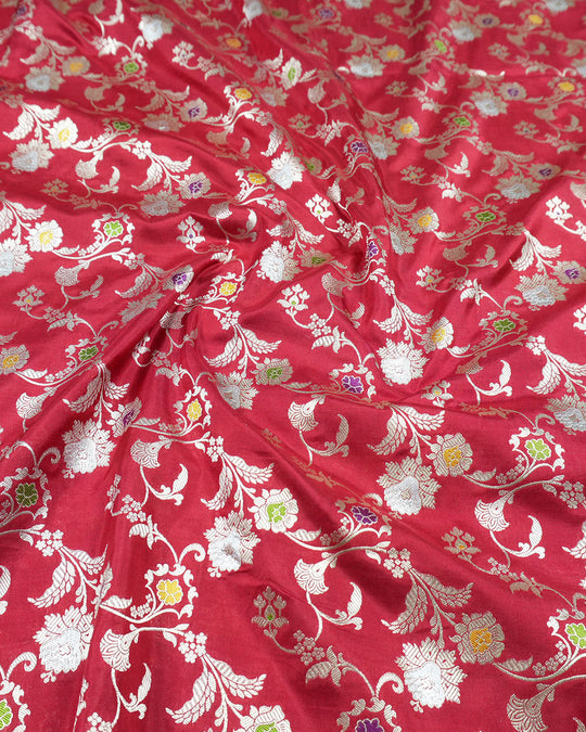 Red Pure Katan Saree with Heritage Gold Floral Motif Weaving