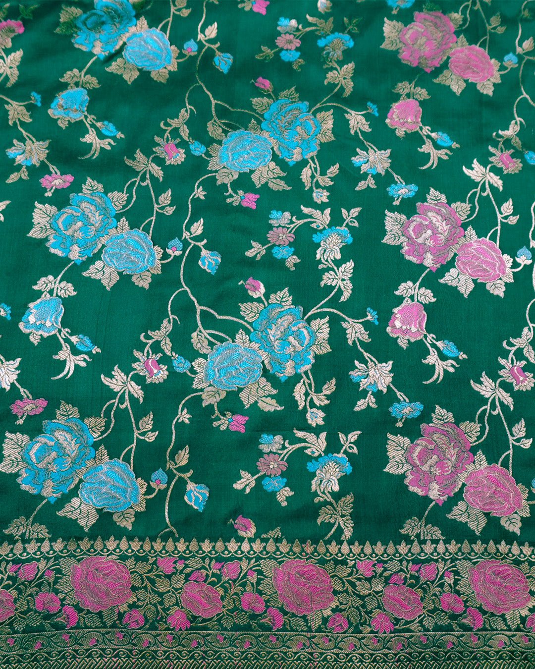 Forest Green Elegance Pure Katan Saree with Multihued Floral Zari Artistry - katansi