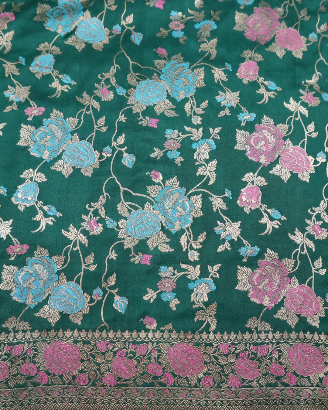 Forest Green Elegance Pure Katan Saree with Multihued Floral Zari Artistry - katansi