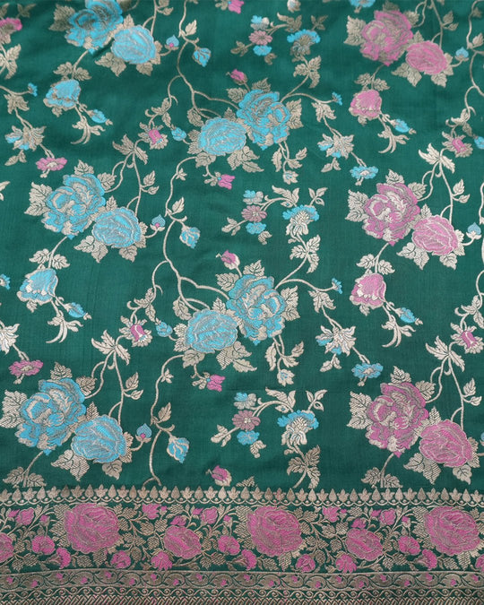 Forest Green Elegance Pure Katan Saree with Multihued Floral Zari Artistry - katansi