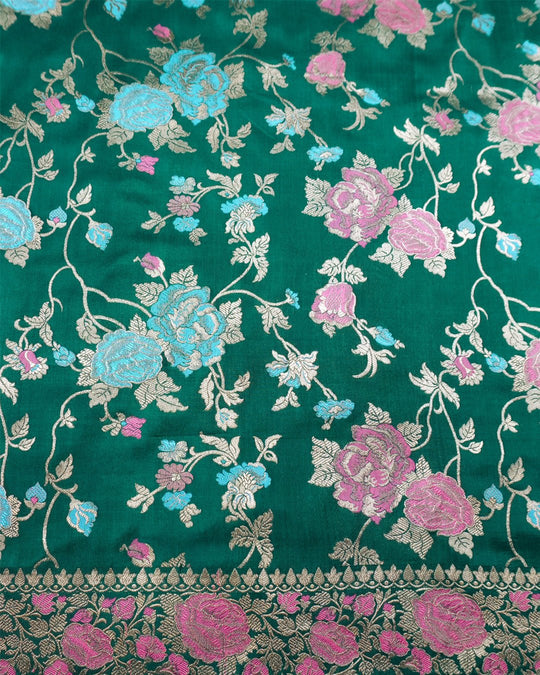 Forest Green Elegance Pure Katan Saree with Multihued Floral Zari Artistry - katansi