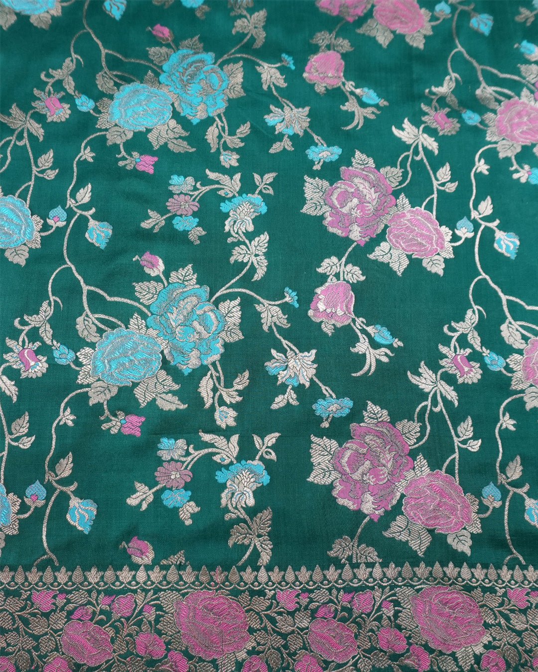 Forest Green Elegance Pure Katan Saree with Multihued Floral Zari Artistry - katansi