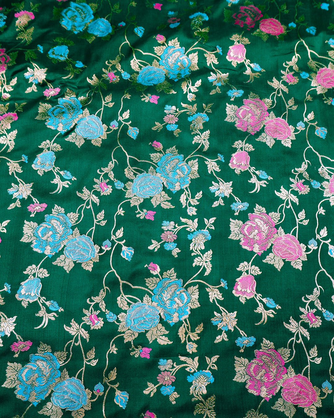 Forest Green Elegance Pure Katan Saree with Multihued Floral Zari Artistry - katansi