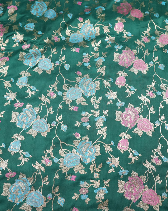 Forest Green Elegance Pure Katan Saree with Multihued Floral Zari Artistry - katansi