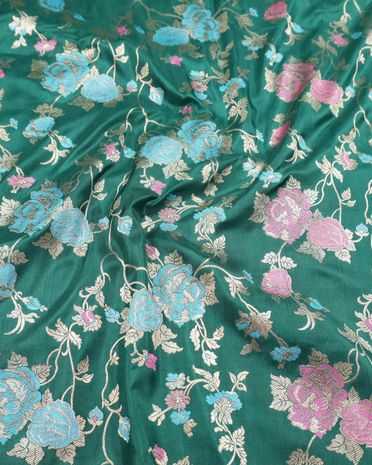 Forest Green Elegance Pure Katan Saree with Multihued Floral Zari Artistry - katansi