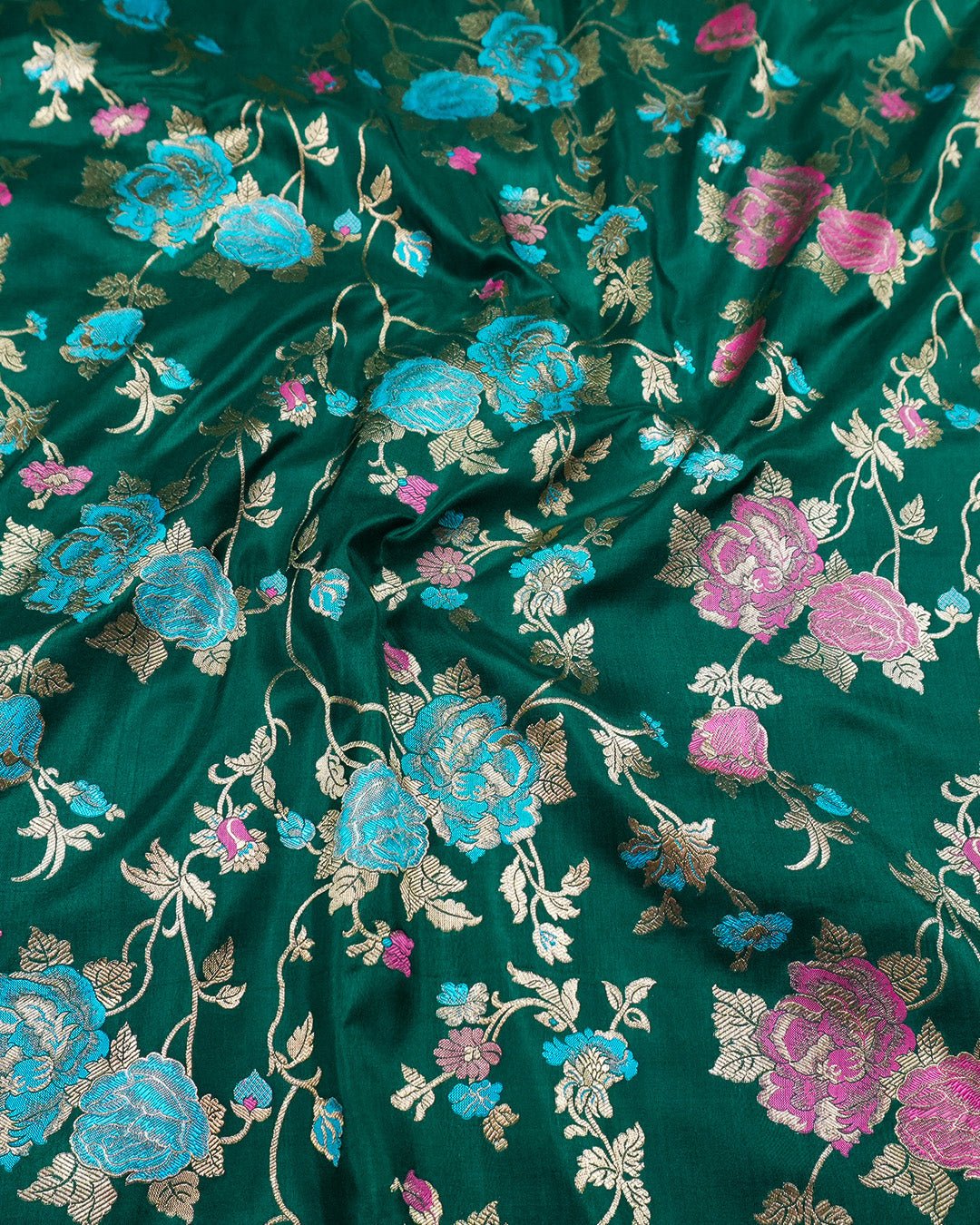 Forest Green Elegance Pure Katan Saree with Multihued Floral Zari Artistry - katansi