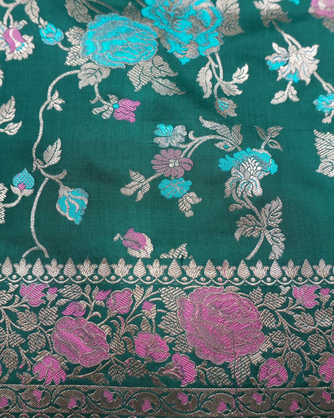 Forest Green Elegance Pure Katan Saree with Multihued Floral Zari Artistry - katansi