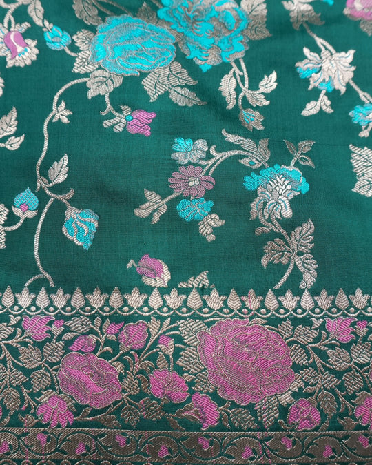 Forest Green Elegance Pure Katan Saree with Multihued Floral Zari Artistry - katansi