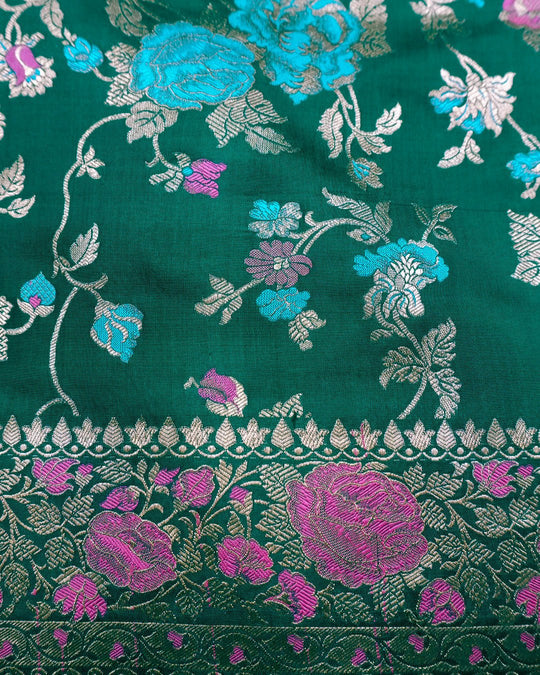 Forest Green Elegance Pure Katan Saree with Multihued Floral Zari Artistry - katansi