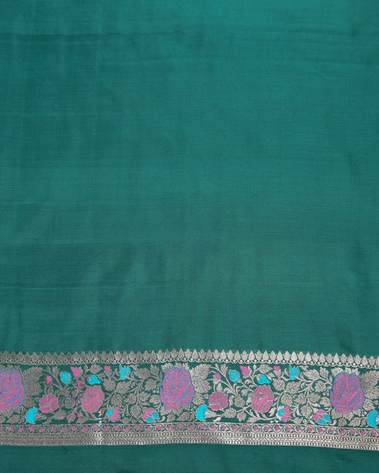 Forest Green Elegance Pure Katan Saree with Multihued Floral Zari Artistry - katansi