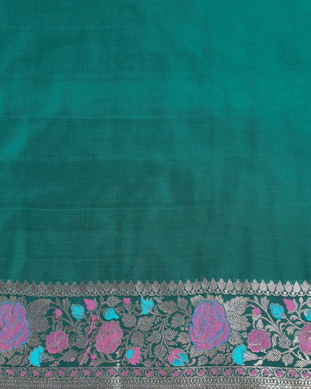 Forest Green Elegance Pure Katan Saree with Multihued Floral Zari Artistry - katansi